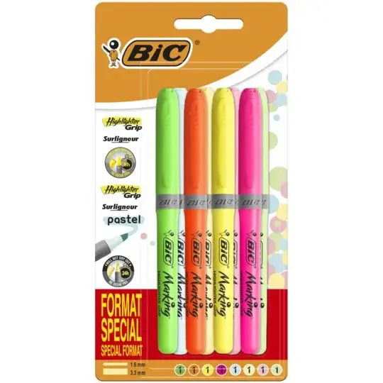 Bic - Pack 8 Surligneurs Highlighter Grip dont 4 surligneurs Pastels