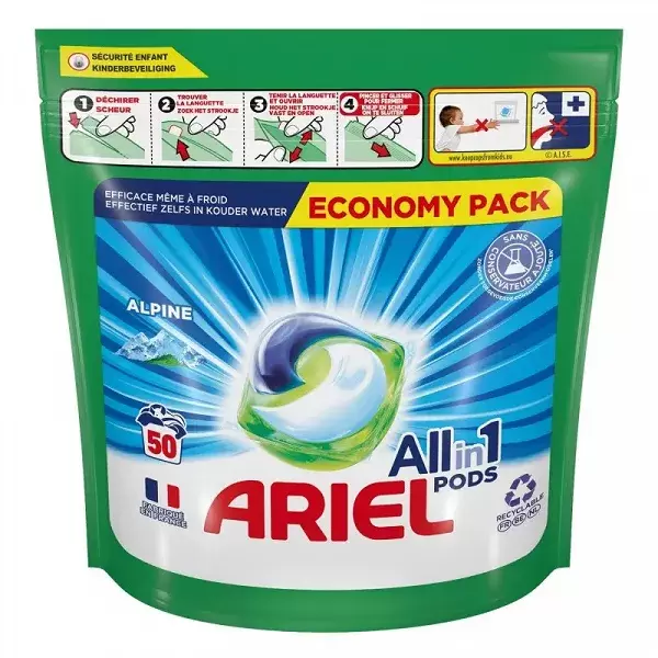 Ariel All-in-1 Pods Lessive Capsules 90 Lavages, Alpine, Efficacité  Exceptionnelle Contre Les Taches Dès Le 1er Lavage, Même A L'eau Froide